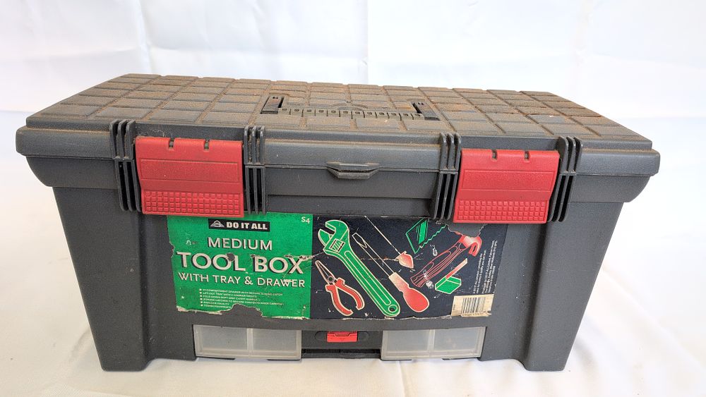 Lot 158: An Assortment of Vintage Hand Tools and a Do It All Polypropylene Toolbox