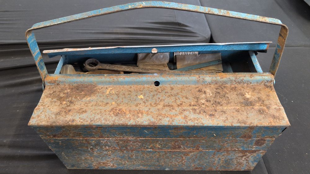 Lot 170: A Bull Vintage Three-Tier Cantilever Metal Toolbox and an Assortment of Hand Tools. Collection Only