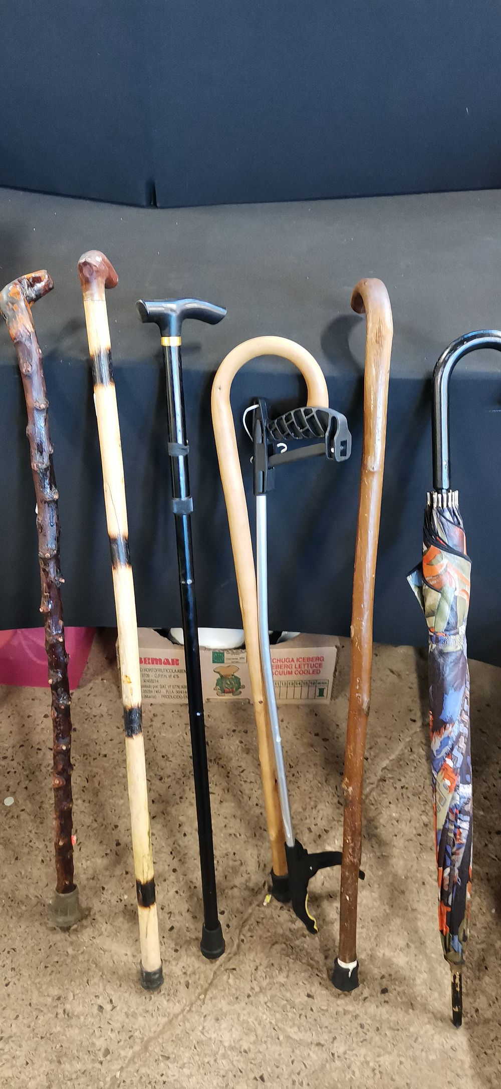 Lot 393: A Collection of Walking Sticks Reacher Tool and Umbrella
