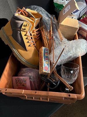 A collection of miscellaneous household items including Site Quartz style safety boots, a boxed 