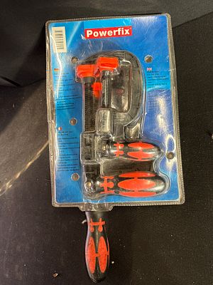 A Powerfix 3-piece G-clamp set. A Powerfix 3 piece G Clamp set comprising three quick-action 