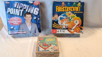 Three Boxed Board Games Including Ideal Tipping Point and Hasbro Frustration. Unchecked. A 