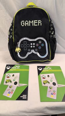 A Trio of Gaming Themed Items Comprising a George Backpack and Two Packs of Xbox Tech Stickers. T 