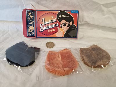 Three pairs of Spinning Hat Instant Sideburns novelty set with original box. A contemporary 