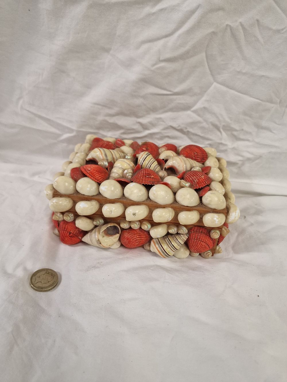 Lot 778: A Shell-Work Decorated Wooden Trinket Box