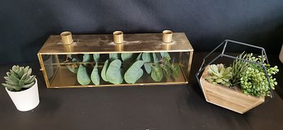 A Trio of Contemporary Decorative Home Accents Including a Gilt-Metal Candle Holder and 