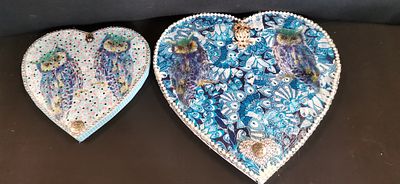 A Pair of Contemporary Decoupage Heart-Shaped Wall Plaques with Owl Motifs. A pair of 