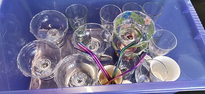 An Assortment of Domestic Glassware, a Ceramic Mug, and Metal Straws. COLLECTION ONLY. A 