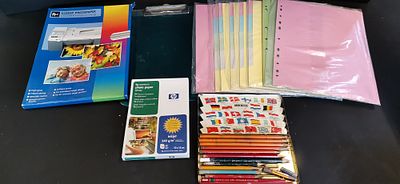 An Assortment of Office Stationery, Photo Paper, and a Vintage Bruynzeel Pencil Tin. A 