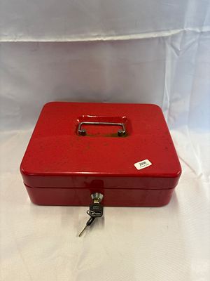 A Red Painted Metal Cash Box with Key and Coin Tray. A red-painted metal cash box of rectangular 