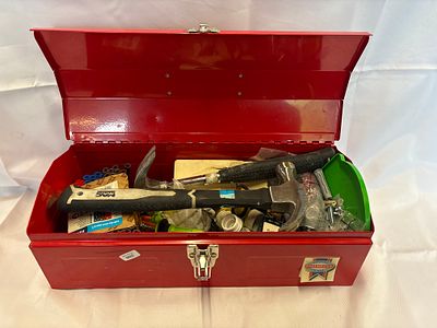 A Faithfull Metal Barn Toolbox and a Collection of Hand Tools and Hardware. An assortment 