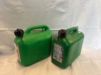A Pair of Vintage 5-Litre Plastic Petrol Cans. A pair of vintage portable fuel containers 