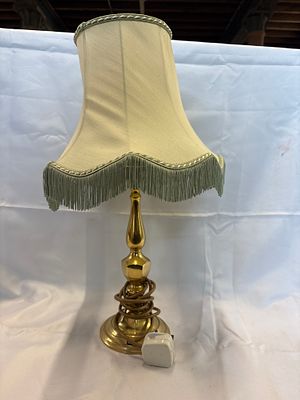 A Vintage Polished Brass Table Lamp with a Fringed Pagoda Style Fabric Shade. A vintage style 