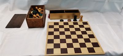 A Vintage Staunton Pattern Chess Set and Board with Storage Boxes. A vintage tabletop chess and 