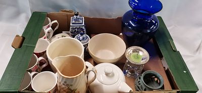 An Assortment of Ceramics and Glassware including a Cobalt Blue Glass Vase and Teaware. An 