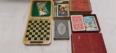 A Collection of Vintage Games and Ephemera including a Travel Chess Set and Playing Cards. An 