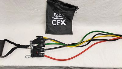 A Set of CFX Resistance Tube Workout Bands and Accessories. A set of five colour-coded tubular 