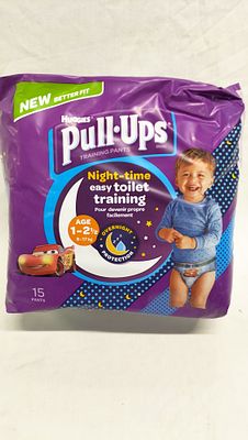 A retail pack of Huggies Pull-Ups Night-time training pants for boys 15 count. A single retail 