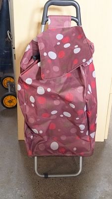 A Two-Wheeled Shopping Trolley with Polka Dot Pattern Bag. A contemporary two-wheeled shopping 