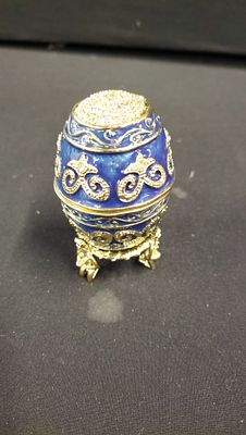 Contemporary Enamelled Imperial Style Miniature Egg Trinket Box on Figural Stand. A contemporary 