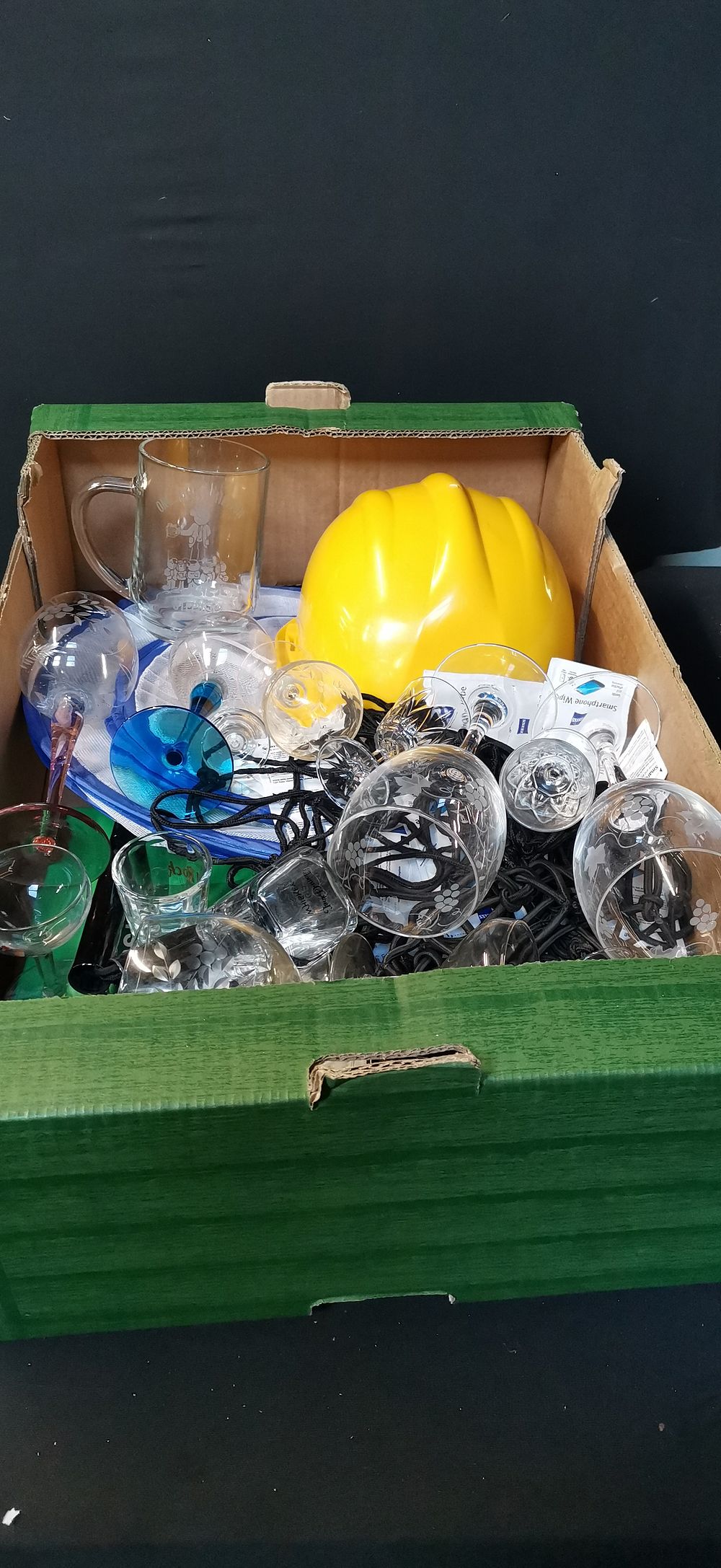 Lot 577: An Assortment of Etched Glassware and Industrial Safety Equipment. COLLECTION ONLY