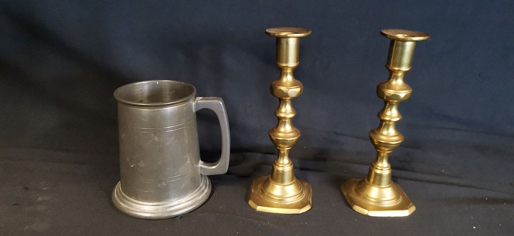 Lot 596: Three Items of Traditional Metalware Including a Pewter Tankard and a Pair of Brass Candlesticks
