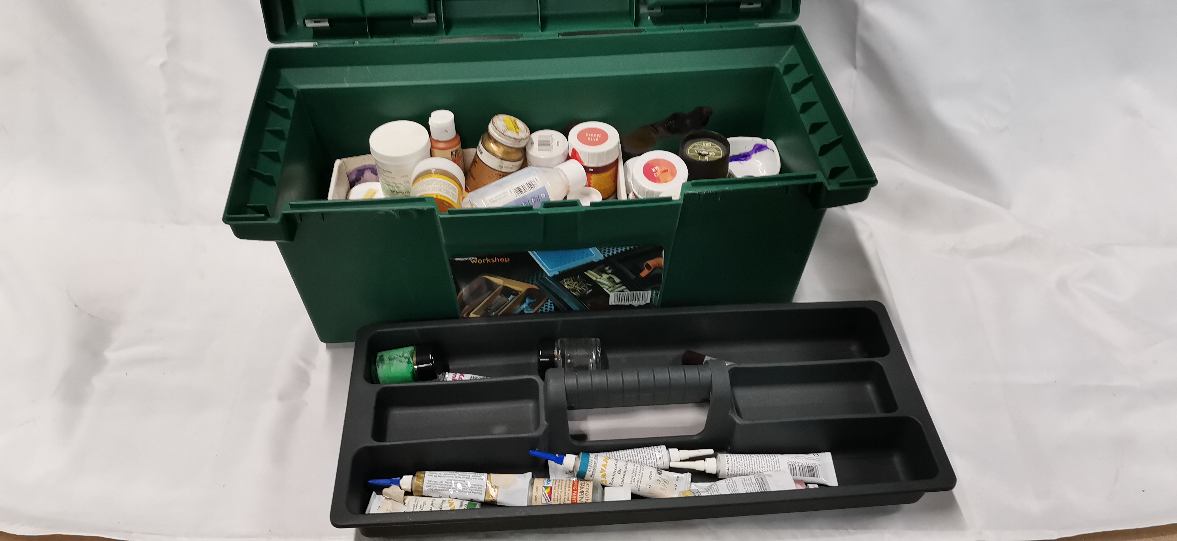 A 'Workshop' Branded Toolbox and a Collection of Silk Painting and Craft Supplies