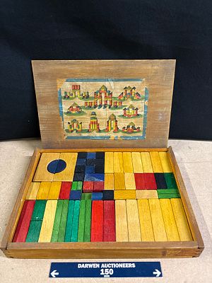 A Vintage Wooden Architectural Building Block Set in Lithographed Box