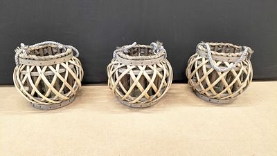 A Trio of Contemporary Rustic Willow Wood Candle Lanterns with Rope Handles