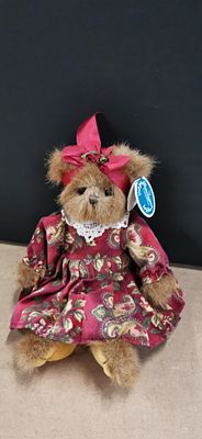 A Bearington Collection Plush Teddy Bear in Patterned Dress. Measures Approx 27x15 cm