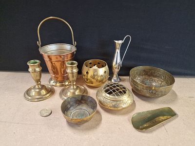 An Assortment of Brass and Copper Decorative Household Metalware