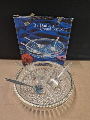 Durham Crystal Company Three-Sectional Glass Hors d'Oeuvre Dish with Three Serving Forks