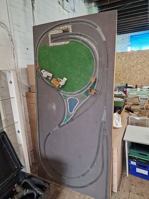 A Model Railway Layout on Wooden Baseboard attributed to Hornby. 8'x4' COLLECTION ONLY