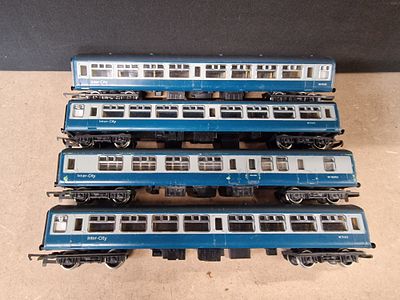 Four Tri-ang Hornby OO Gauge British Rail Blue and Grey Inter-City Passenger Coaches