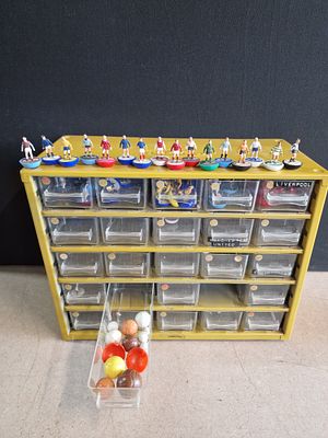 A Collection of Vintage Subbuteo Figures and Accessories in a Raaco 25-Drawer Storage Cabinet