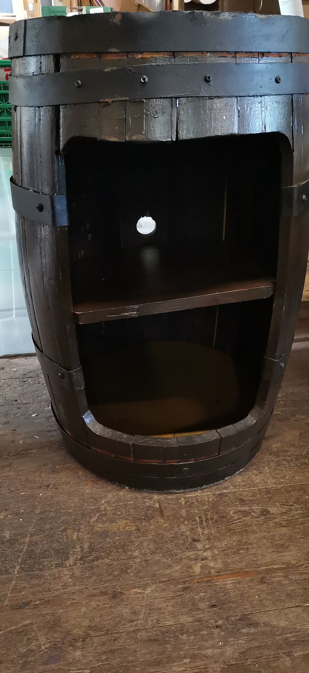 Lot 172: An Upcycled Whiskey Barrel Shelving Unit and Media Cabinet