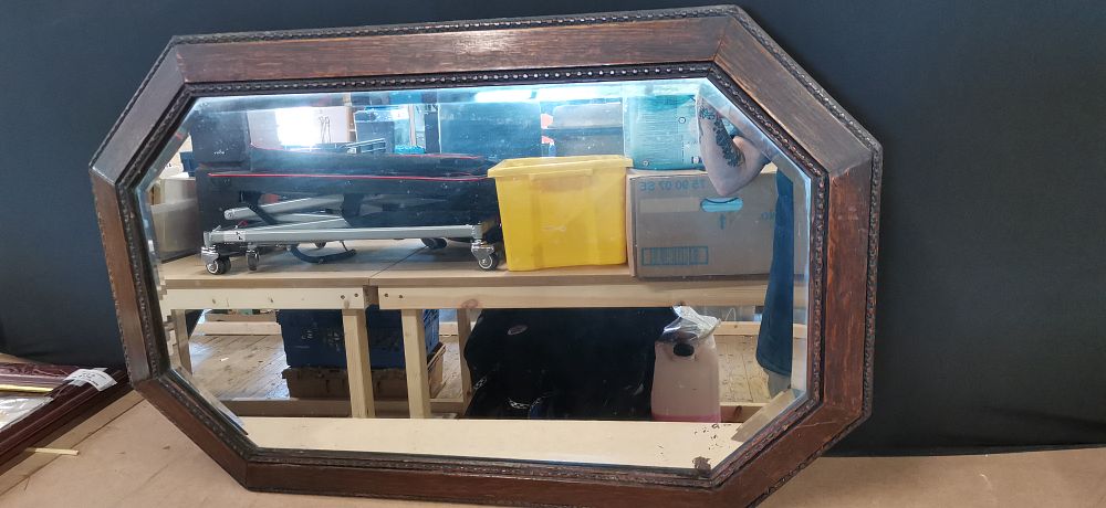 Lot 235: Vintage Art Deco Oak Framed Octagonal Wall Mirror with Bevelled Edges