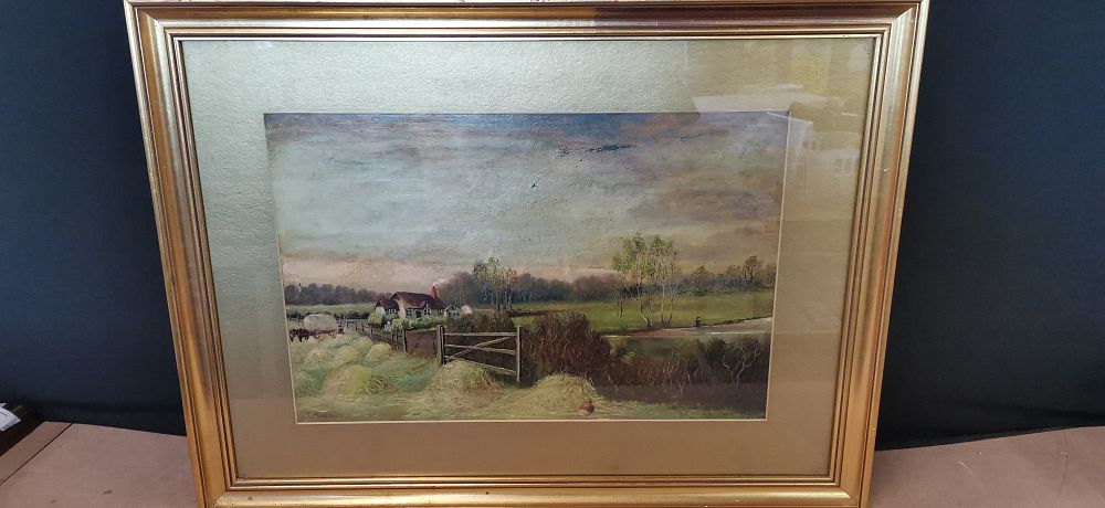 Lot 237: S. Murray, Rural Landscape with Thatched Cottage and Haystacks