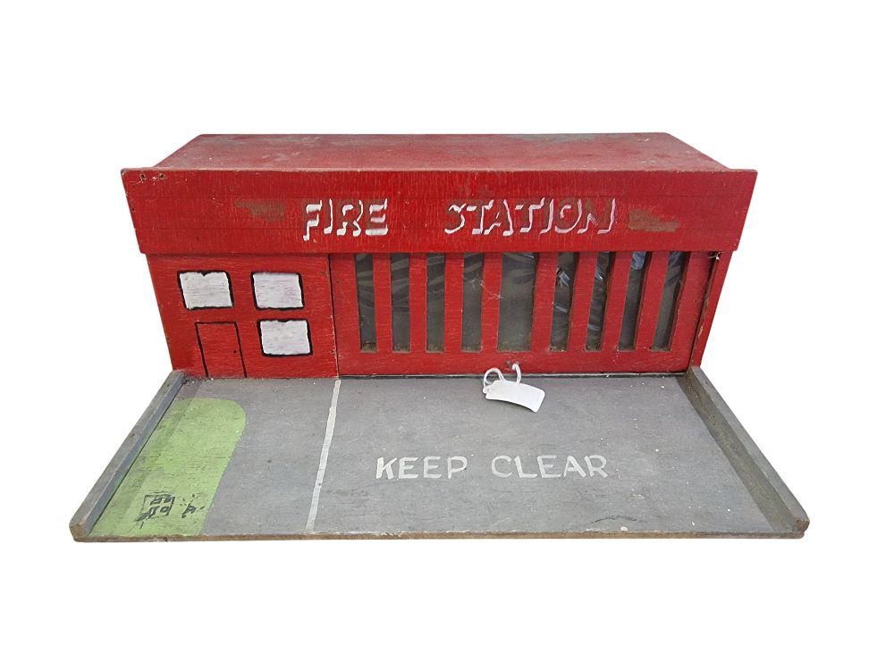 Vintage Artisan-Made Painted Wooden Model Fire Station