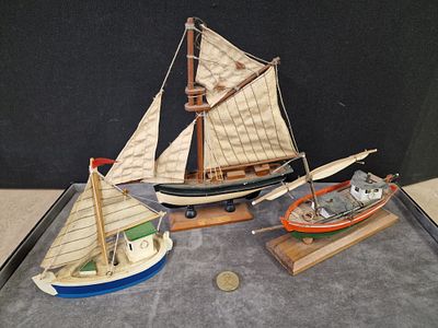 A Trio of Vintage Miniature Handcrafted Wooden Model Sailing Vessels