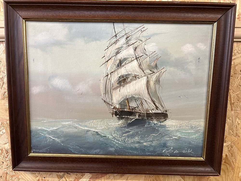 Lot 592: Attributed to Bailie, Three-Masted Sailing Vessel at Sea, Oil on Canvas