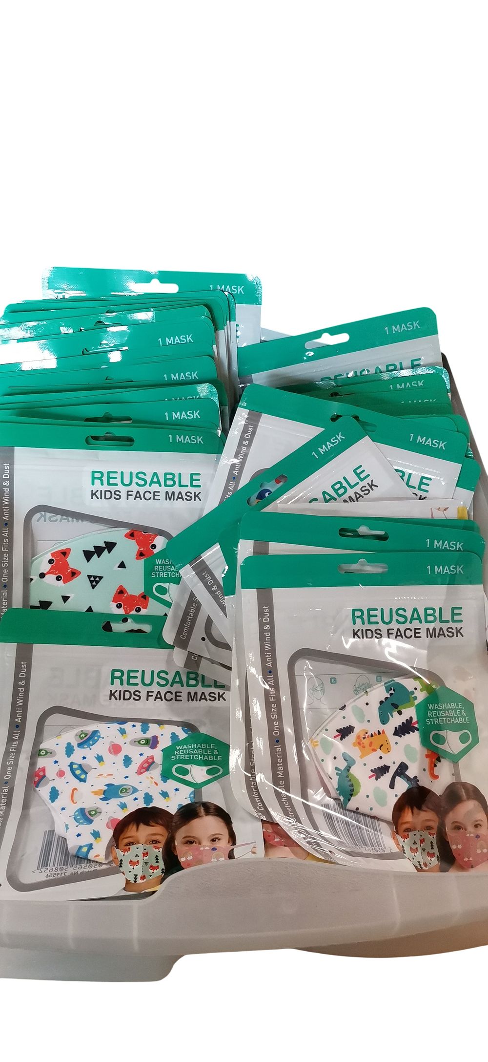 Lot 502: A Collection of Individually Packaged Reusable Childrens Face Masks in Assorted Prints