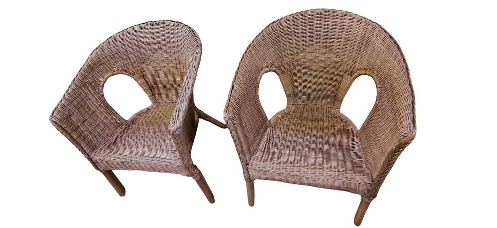 Lot 507: A Pair of Vintage Rattan and Wicker Tub Armchairs with Porthole Apertures