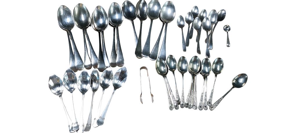 Lot 538: A Collection of Approximately 39 Pieces of English Silver-Plated Flatware and a Pair of Sugar Tongs