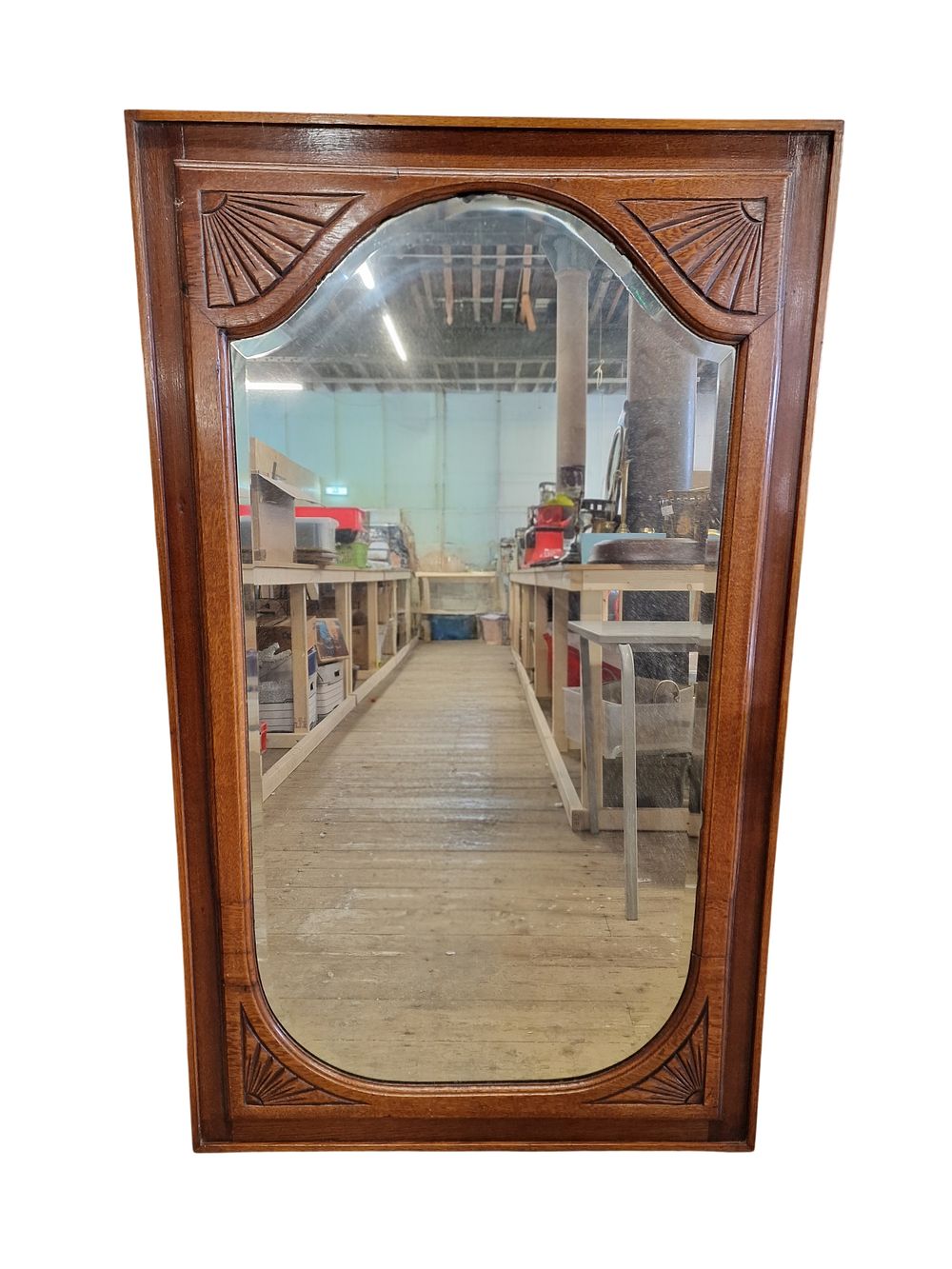 Lot 575: Mid-20th Century Oak Framed Wall Mirror with Carved Corner Motifs