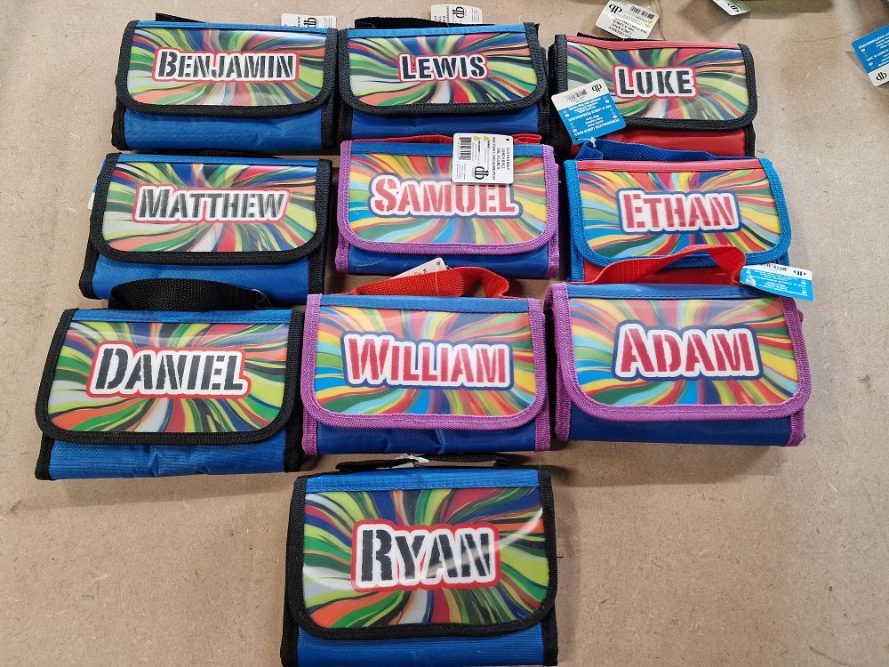 Lot 485: Ten Danbar Personalised Insulated Lunch Bags with Rainbow Swirl Pattern