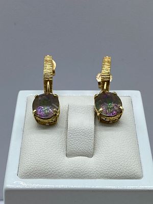 A pair of 9ct yellow gold mystic stone earrings butterfly backs, 3.3 grams, drop of 26mm, stone 
