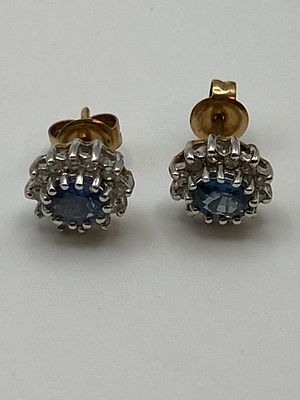 A pair of 9ct yellow gold aquamarine & diamond earrings, approx weight 1.7 grams