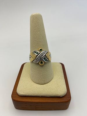 An 18ct yellow & white gold emerald & diamond set gents puzzle ring, size T, 10.8 grams in 