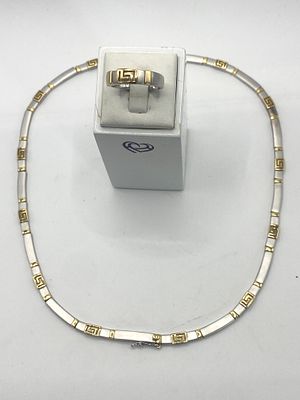 A 14ct white &amp; yellow gold Greek design key necklace &amp; ring, ring size O, necklace 